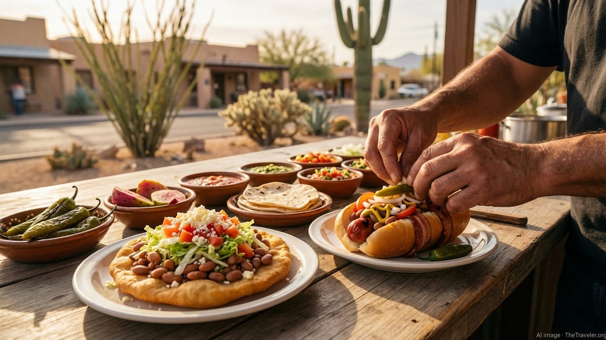 Sonoran hot dog and Navajo fry bread taco at a Tucson street food stand in warm desert light.