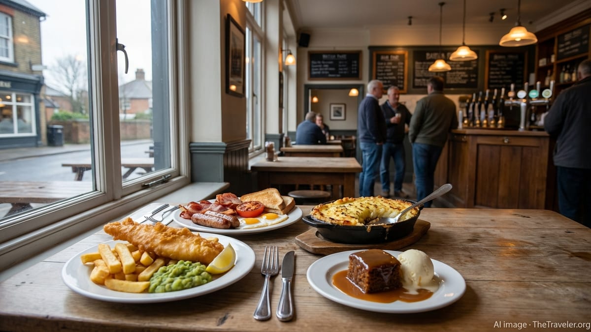 Traditional British dishes including fish and chips and shepherd’s pie on a wooden pub table in the UK.