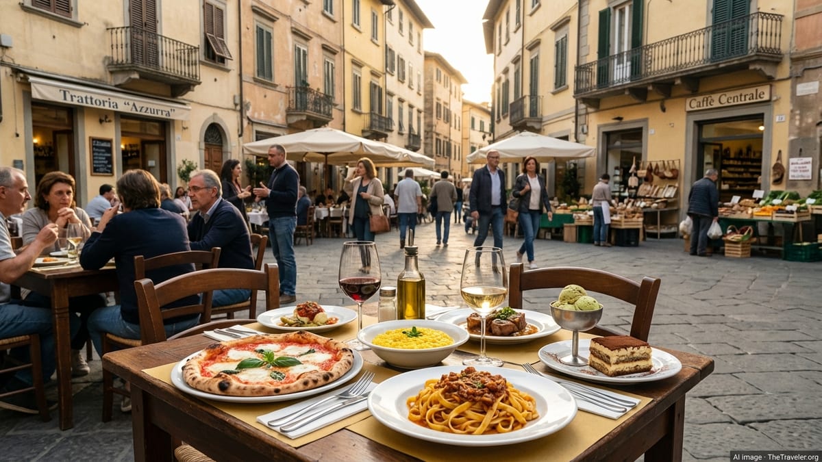 Traditional Italian dishes on an outdoor trattoria table in a sunny piazza.