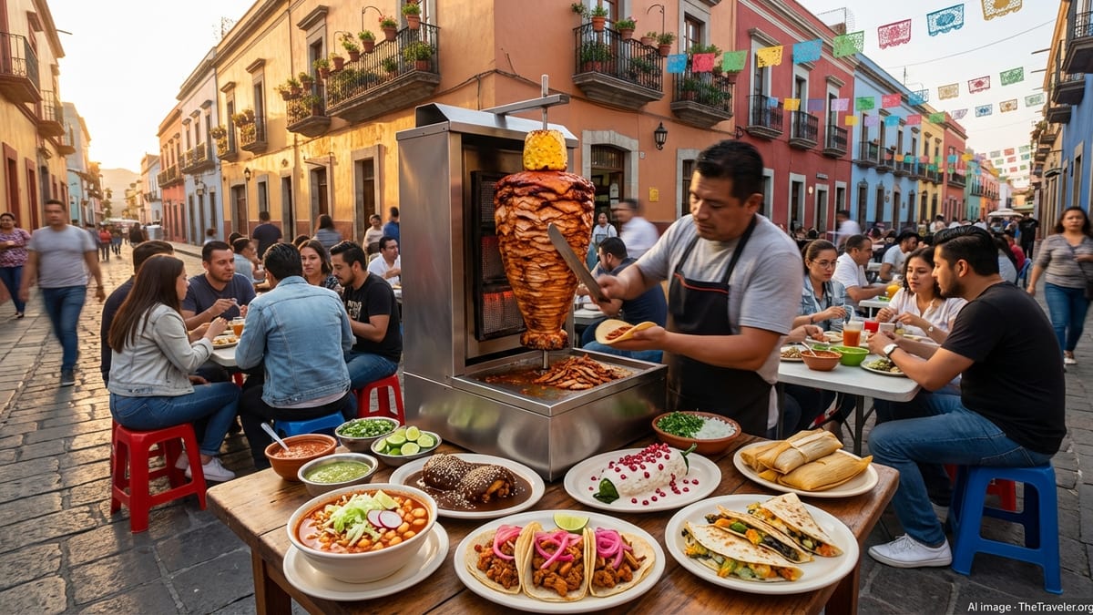 Street stand in Mexico serving tacos, pozole, mole, and other traditional dishes at sunset.