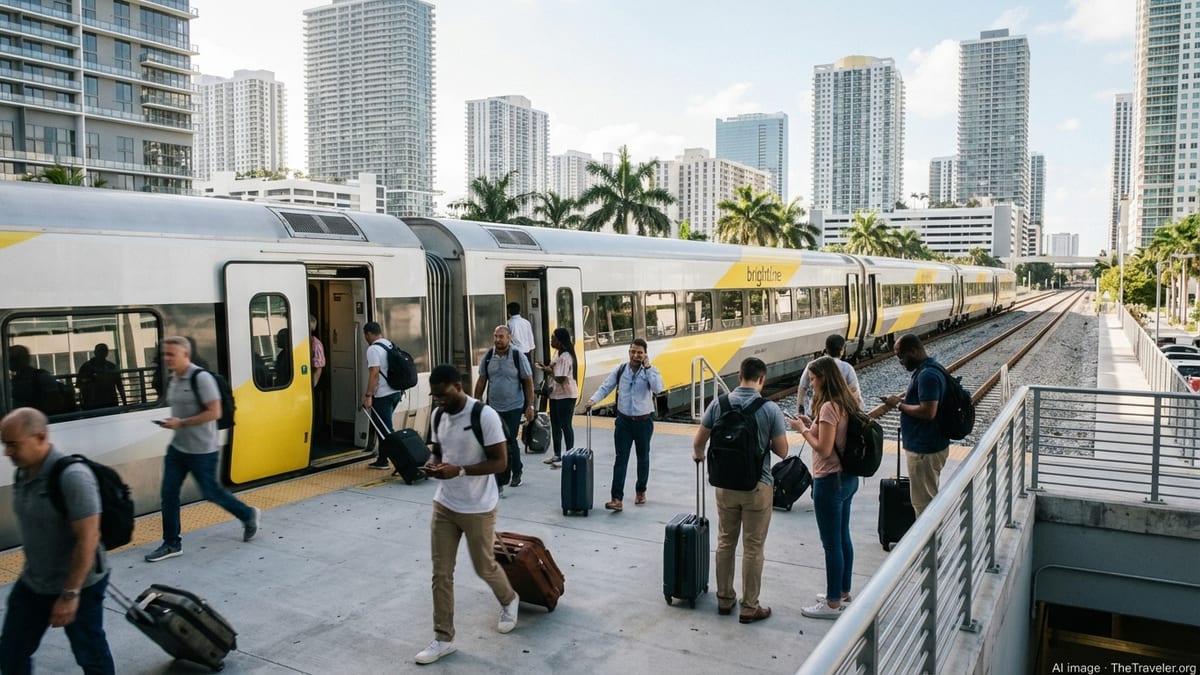 Passengers with luggage boarding a Brightline train at MiamiCentral station in downtown Miami.