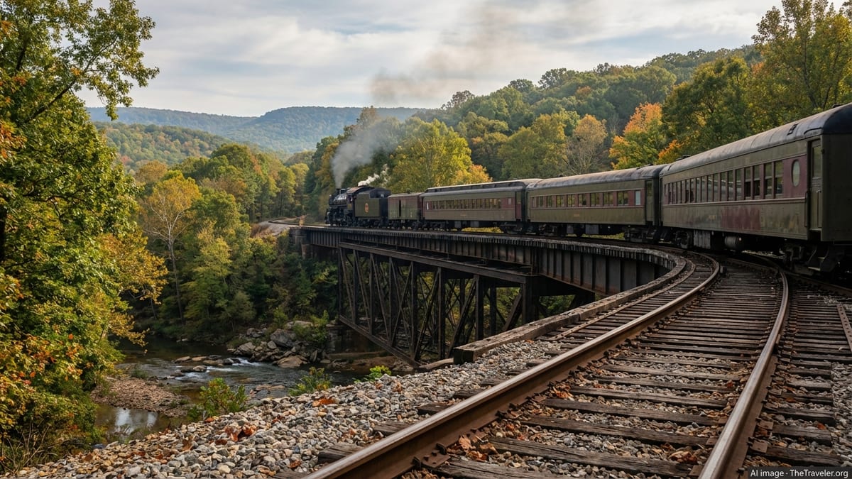 Vintage passenger train crossing a trestle in Arkansas’s forested Boston Mountains in early autumn.