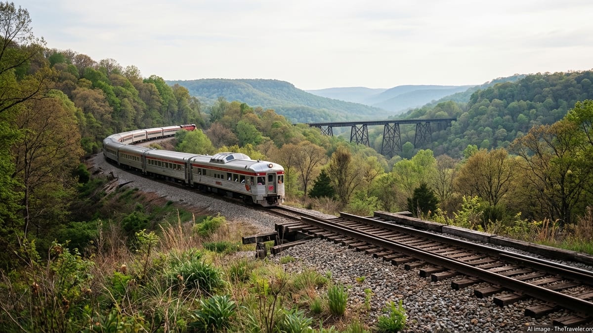Vintage excursion train curves through Arkansas forested hills in the Boston Mountains.