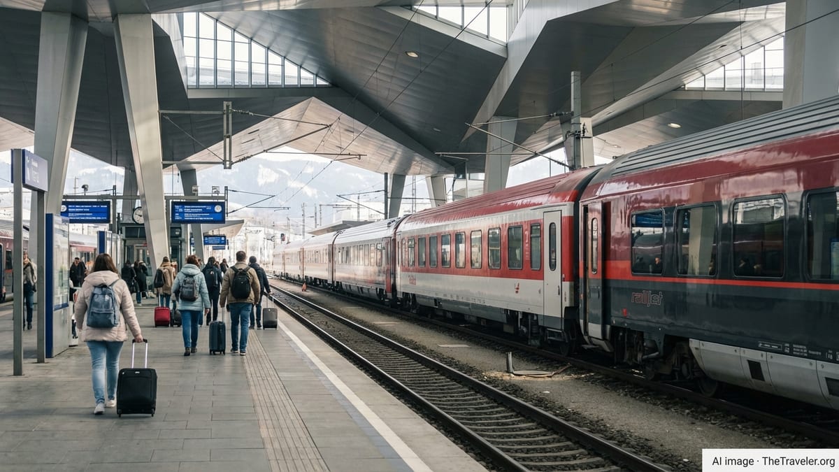Passengers boarding a modern Railjet train under the glass roof of Vienna Central Station.