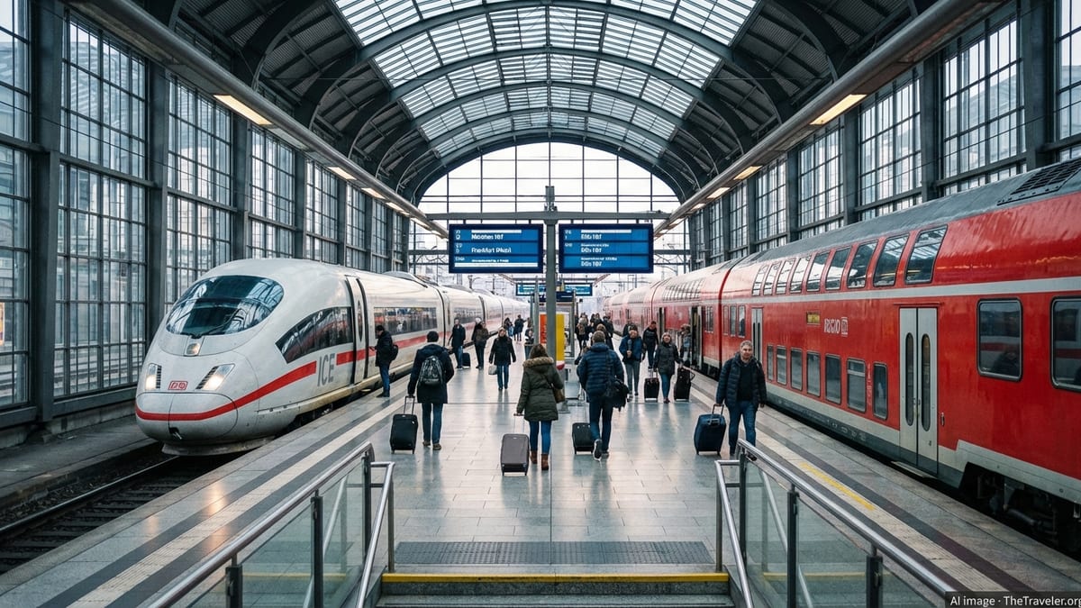 Passengers boarding an ICE and a red regional train at a modern German station.