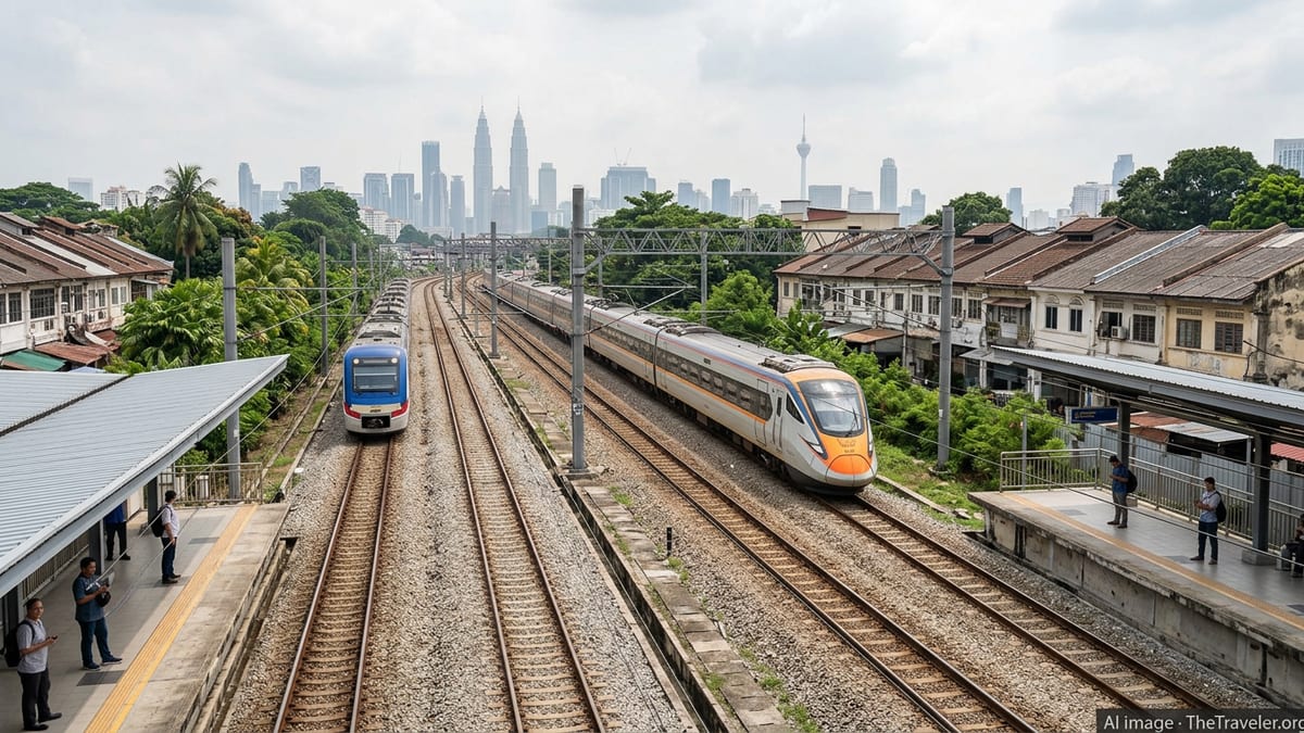 ETS and KTM Komuter trains passing through a tropical urban corridor in Malaysia