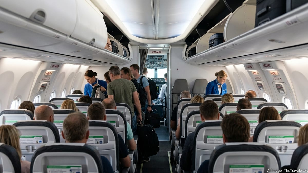 Passengers stand in a crowded Transavia cabin looking toward the closed cockpit door.