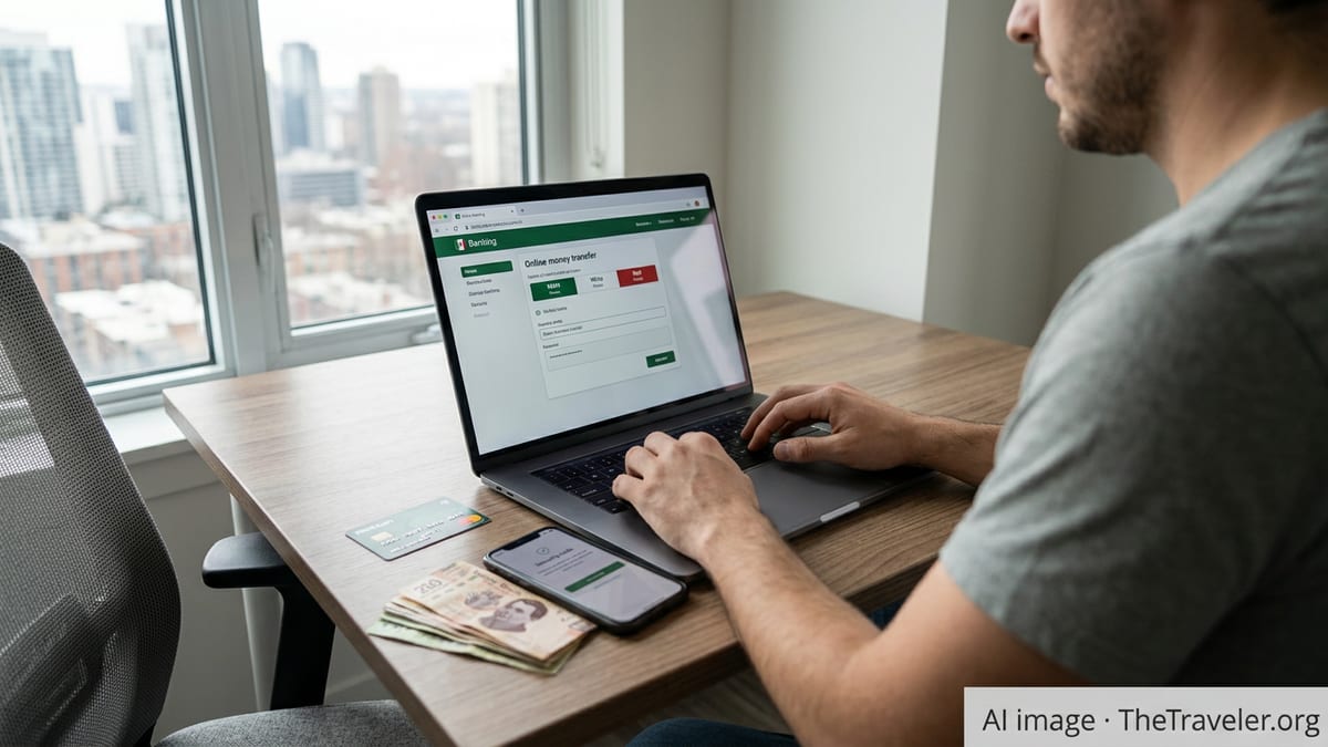 Person abroad using a laptop to securely transfer money online to Mexico in a bright home office.