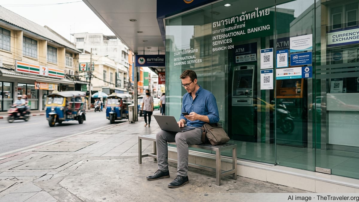 Foreign professional using laptop outside a modern Bangkok bank to manage an international money transfer.