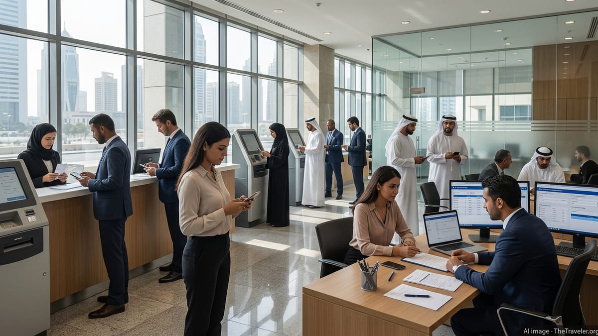 People in a modern Dubai bank branch arranging international money transfers.