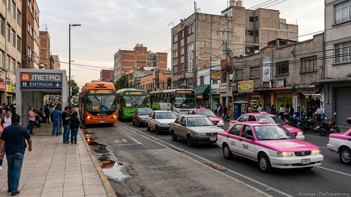 Mexico City street with buses, taxis, and metro entrance showing everyday transportation scene.