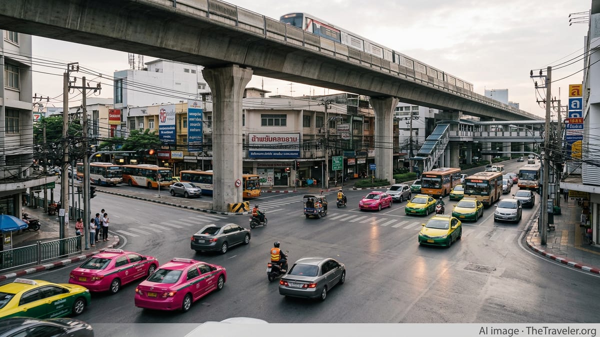 Bangkok street with BTS Skytrain, taxis, buses and motorcycles at a busy intersection.