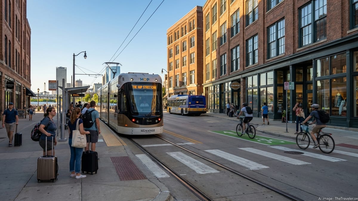 The Hop streetcar passing through downtown Milwaukee with pedestrians and cyclists on a sunny day.