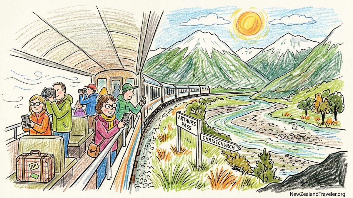 Inside the TranzAlpine train, panoramic windows frame the braided Waimakariri River and the Southern Alps near Arthur’s Pass.