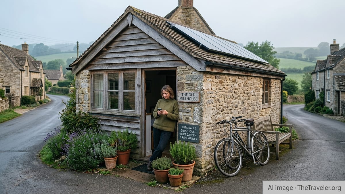 Guesthoapply owner in a rural European village enters sustainability data on a smartphone outside the property.