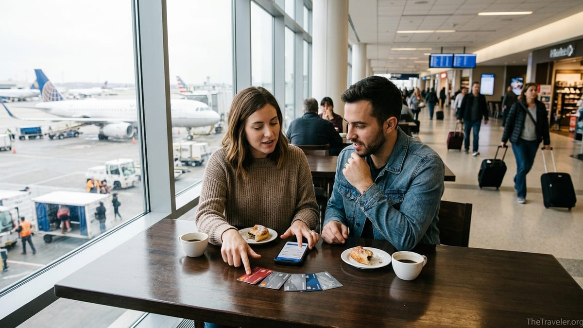 Travelers at an airport café comparing credit cards and a phone before a flight.