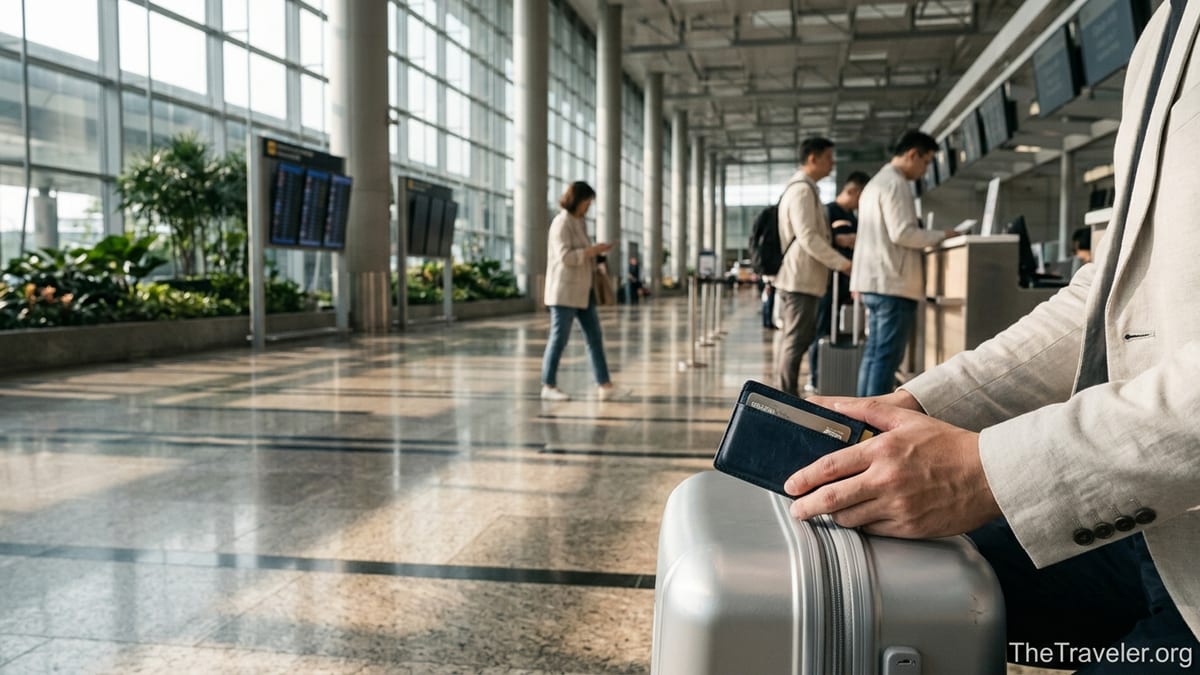 Traveller holding a wallet and carry-on suitcase in Changi Airport departure hall at sunrise.