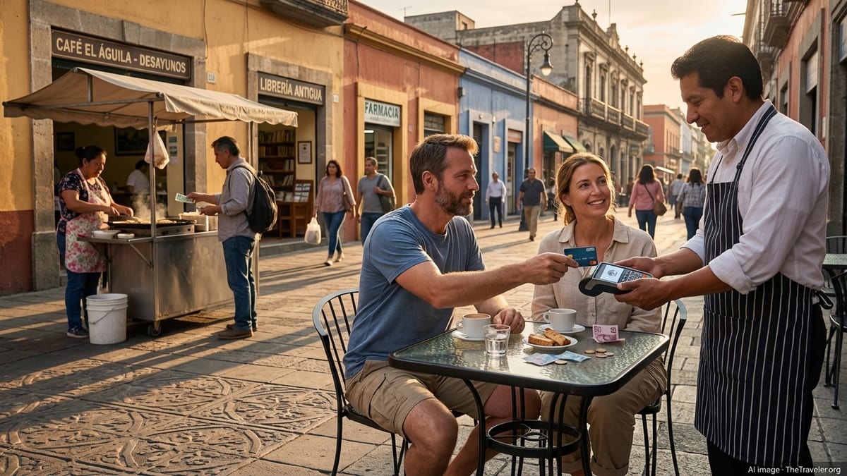Traveler tapping a credit card on a wireless terminal at a café in Mexico City.