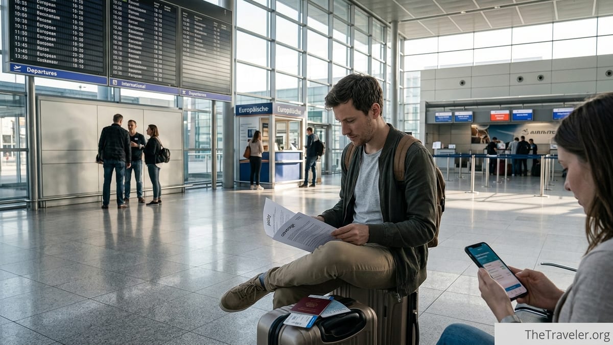 Traveler comparing travel insurance documents and phone app in a busy European airport terminal.