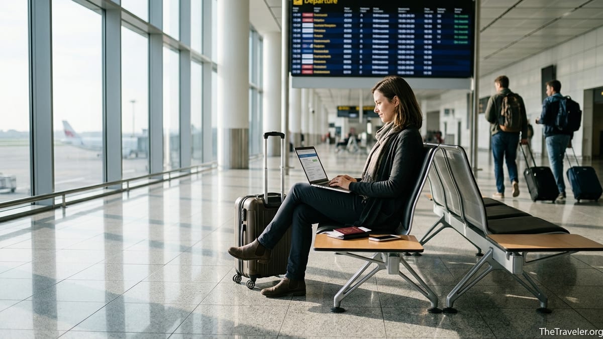 Traveler checking travel insurance on laptop in a bright airport terminal.
