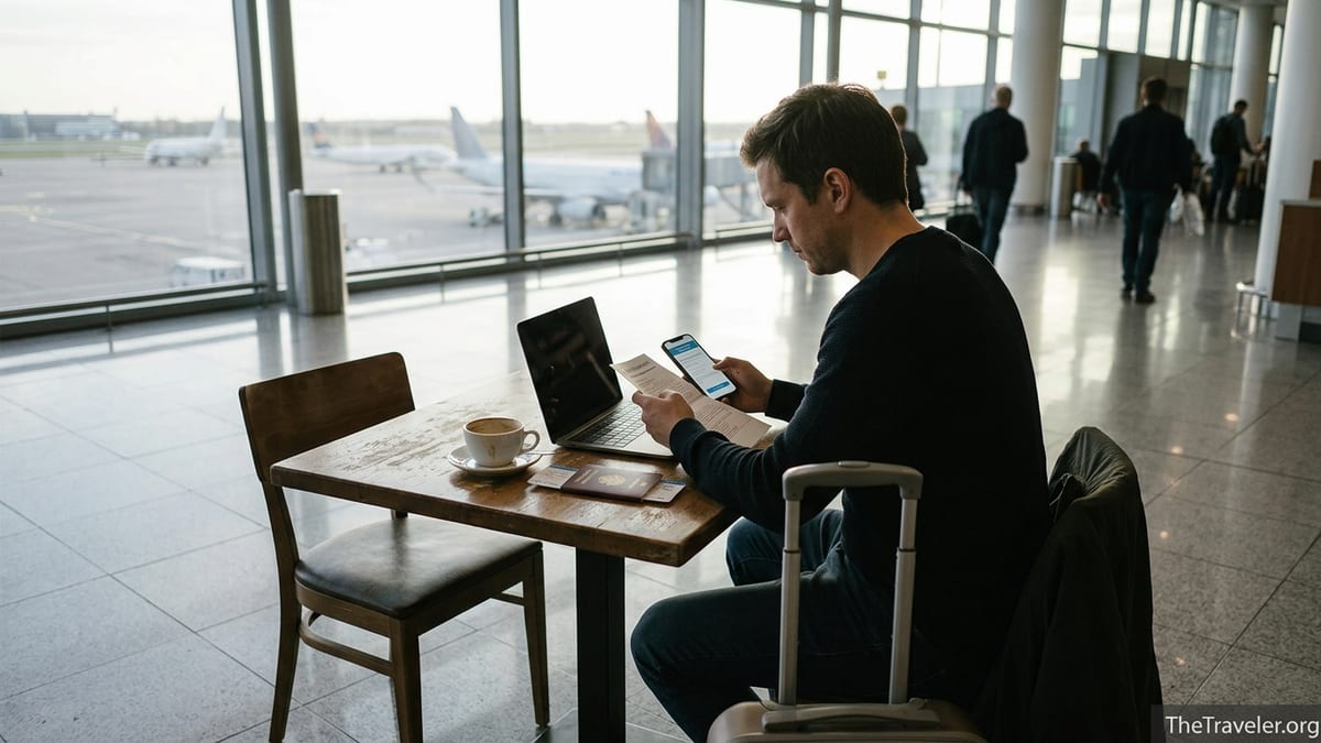 Traveler reviewing trip insurance documents in an airport lounge with planes outside.