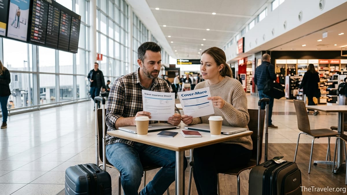 Couple at Australian airport café comparing travel insurance documents before an international flight.