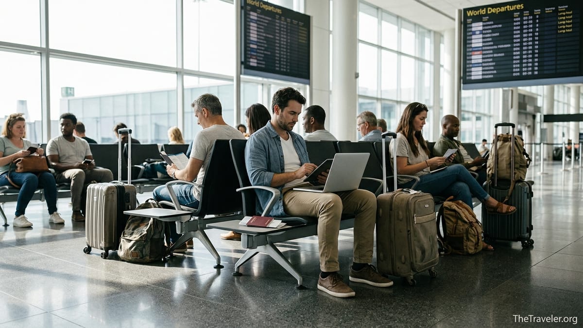 Travelers in an airport lounge reviewing documents and laptops before an international flight.