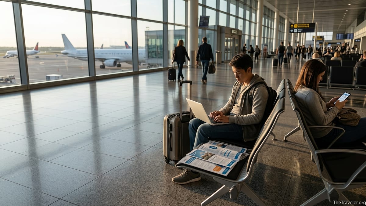 Traveler comparing multiple travel insurance options on a laptop in an airport terminal.