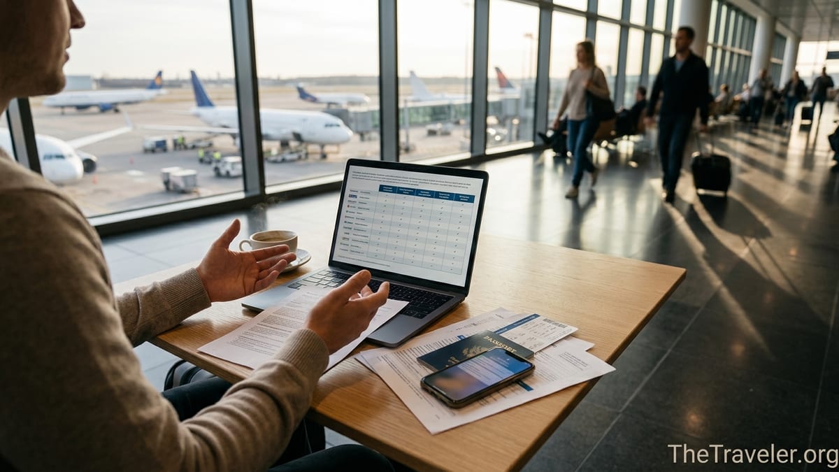 Traveler comparing travel insurance plans on a laptop in an airport lounge.