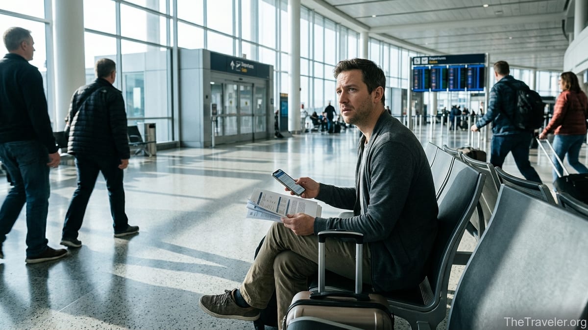 Traveler reviewing international travel insurance documents in a busy airport terminal.