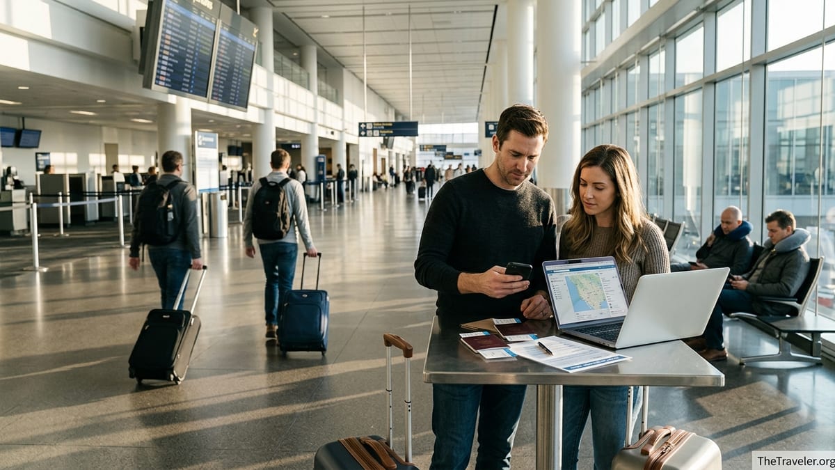 Travelers reviewing a travel insurance policy at an airport café before an international flight.