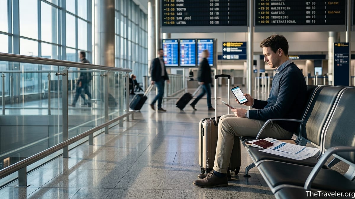 Traveler in airport reviewing travel insurance papers beside carry-on bag.