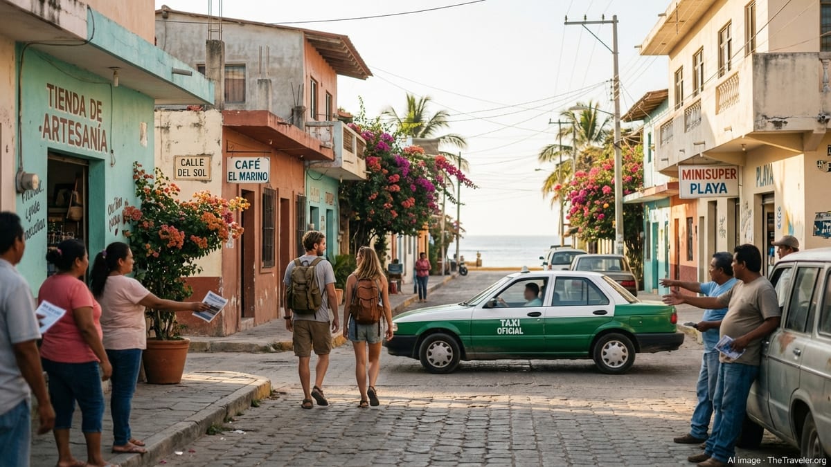Travelers walk carefully past taxi drivers on a sunny Mexican street
