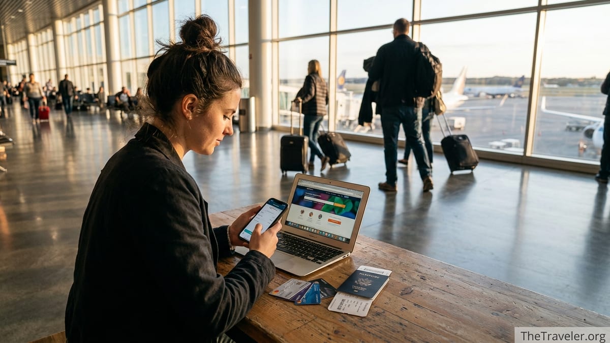 Traveler in an airport lounge comparing money transfer apps on a laptop and phone.