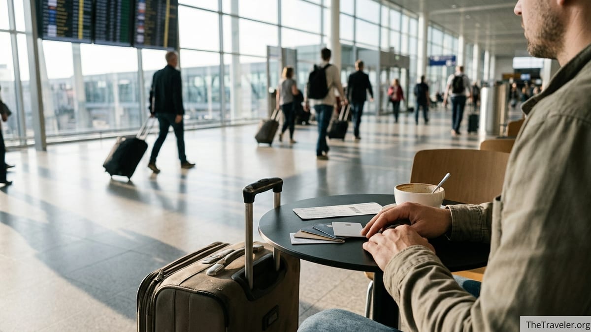 Traveler at an airport café table with credit cards and carry-on luggage before a flight.