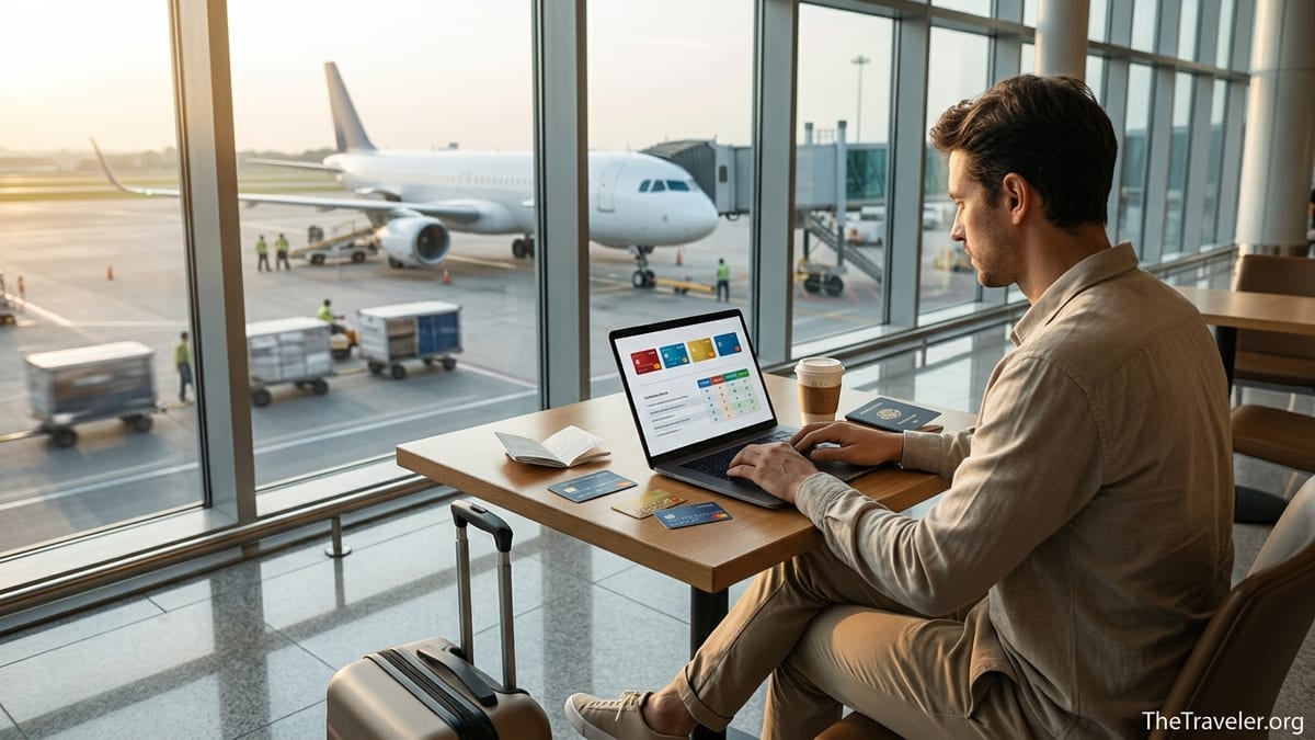 Traveler comparing travel rewards credit cards on a laptop in an airport lounge.