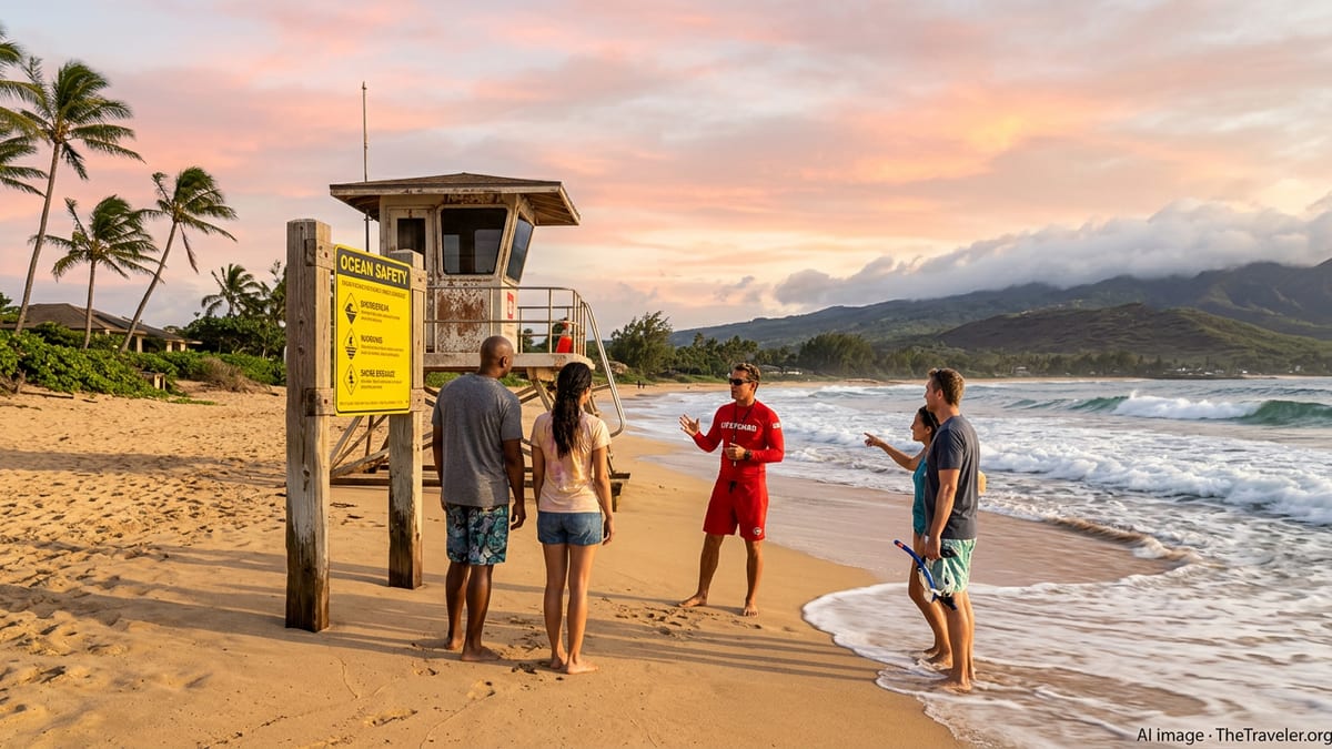 Lifeguard explaining ocean safety to visitors on a Hawaiian beach at sunrise.