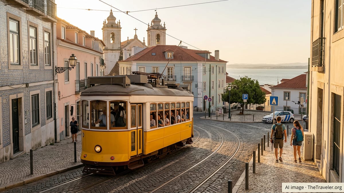 Lisbon street with yellow tram, cautious tourists and city view at sunset.