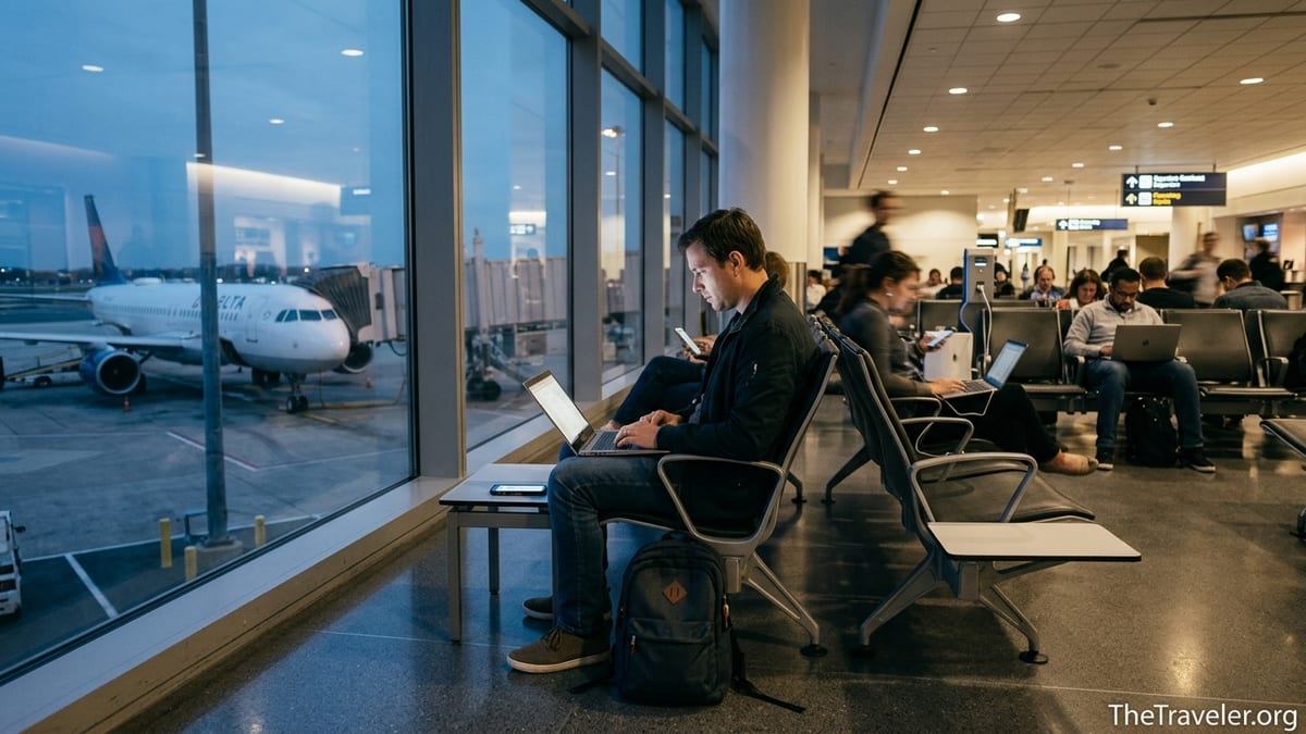 Traveler using laptop and phone on airport Wi-Fi by a window with a plane outside.