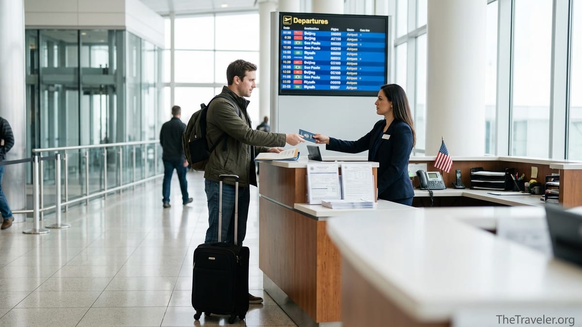 Traveler handing a passport to a visa service agent at an airport style counter.