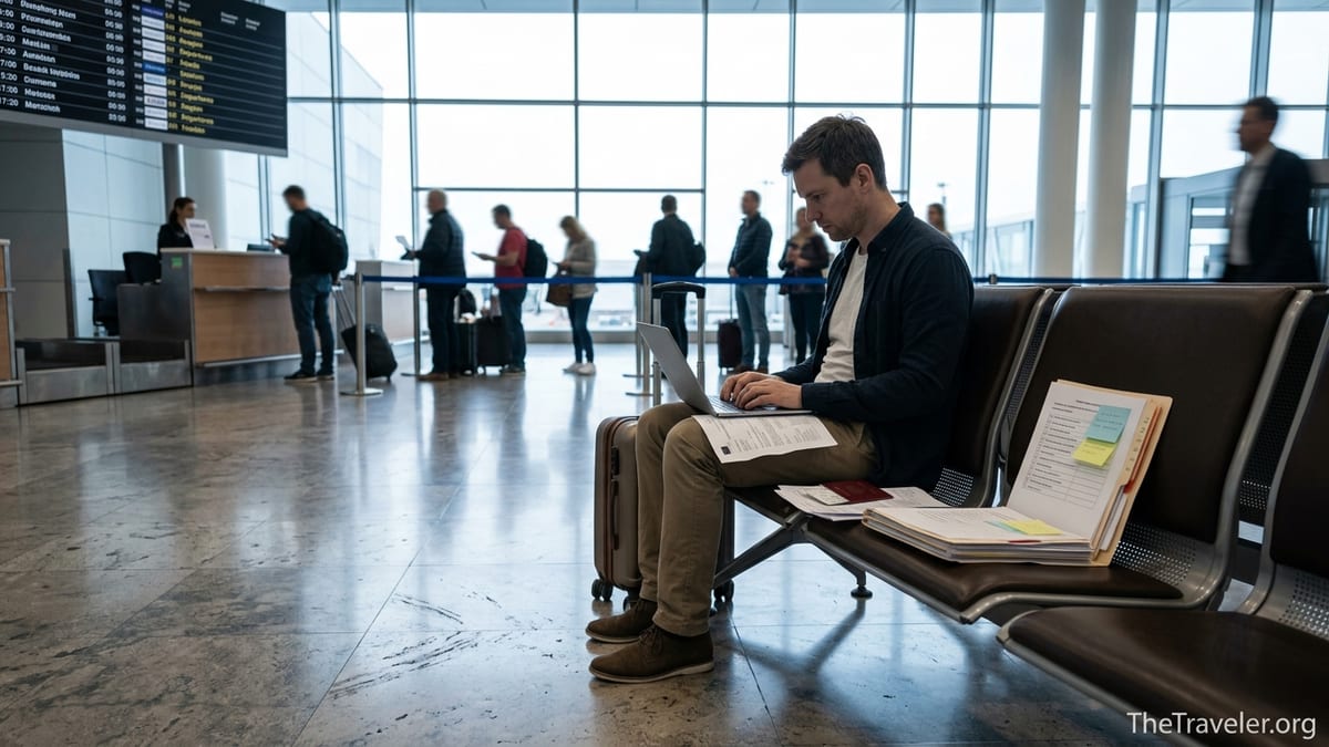 Traveler at an airport bench reviewing passport and visa documents on a laptop.