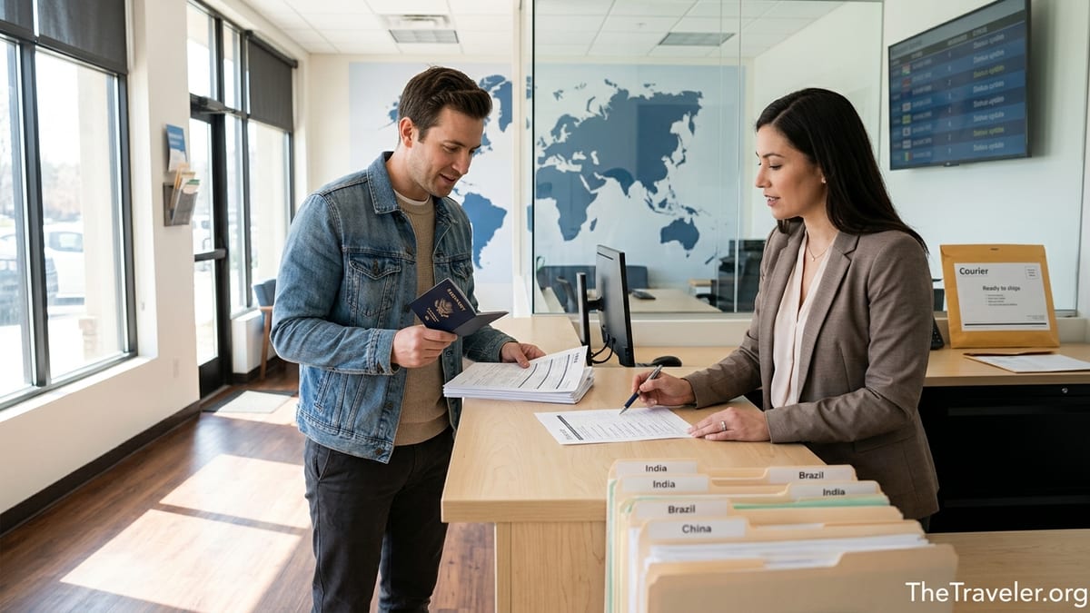 Traveler getting help with passport and visa paperwork at a modern agency counter.