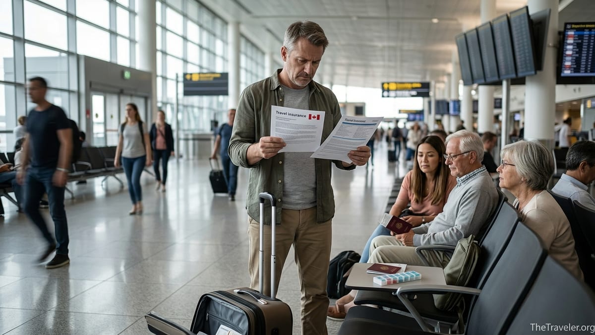 Traveler in an airport comparing travel insurance documents with family and luggage nearby.