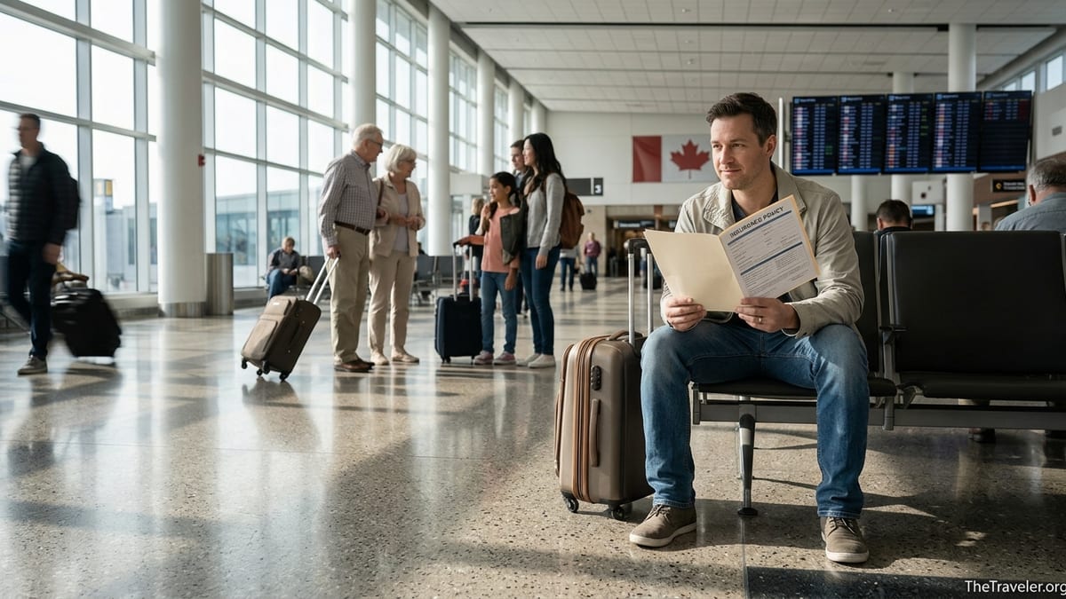 Traveler in a Canadian airport reviewing insurance documents with family groups in the background.