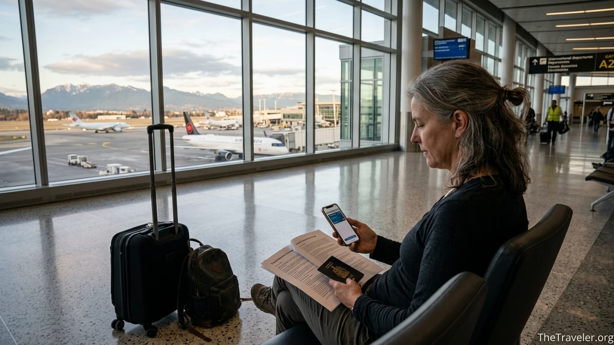 Traveler reviewing insurance documents at a Canadian airport gate before an international flight.