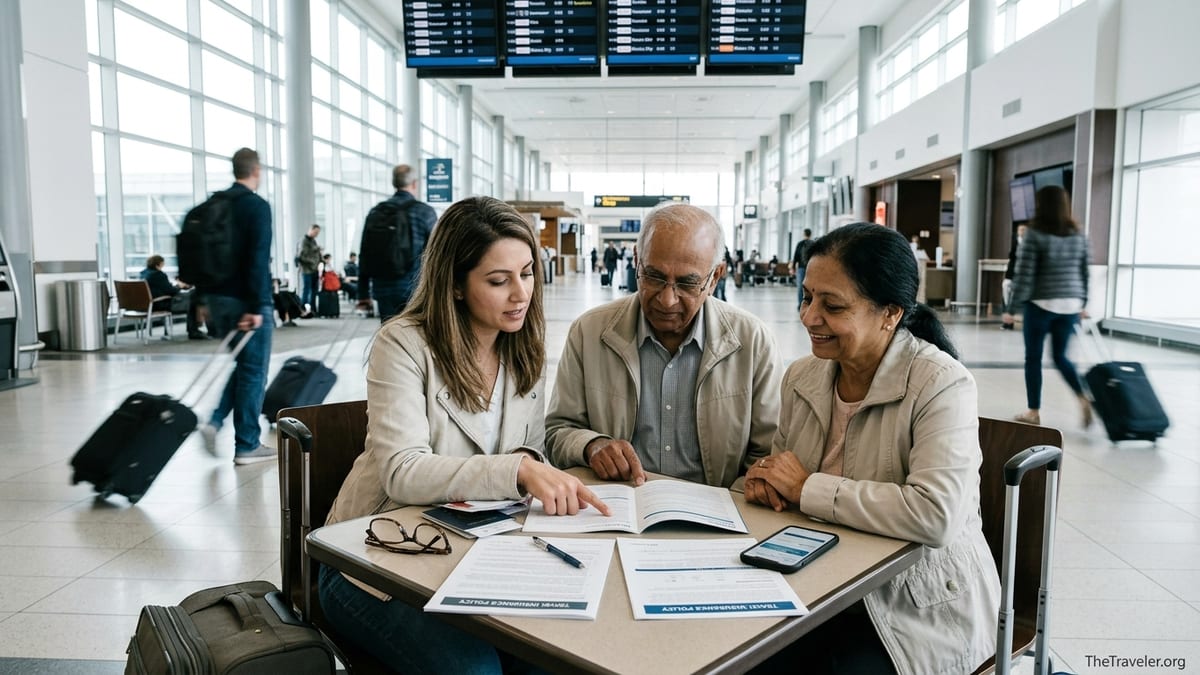 Family reviewing Canadian travel insurance documents together in an airport departure lounge.