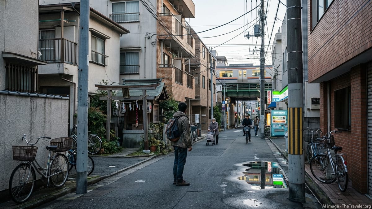 Traveler on a quiet backstreet in Tokyo at dawn with shrine and bicycles.
