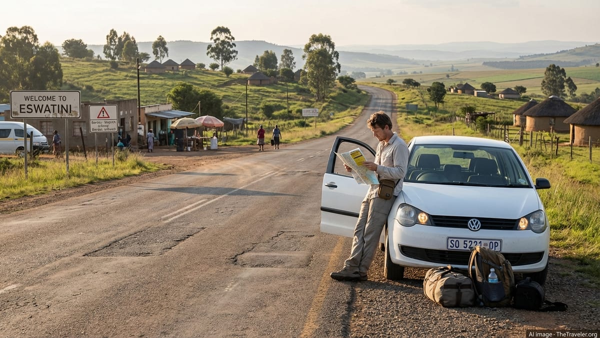 Traveler checking map beside parked car on rural Eswatini road at sunset.