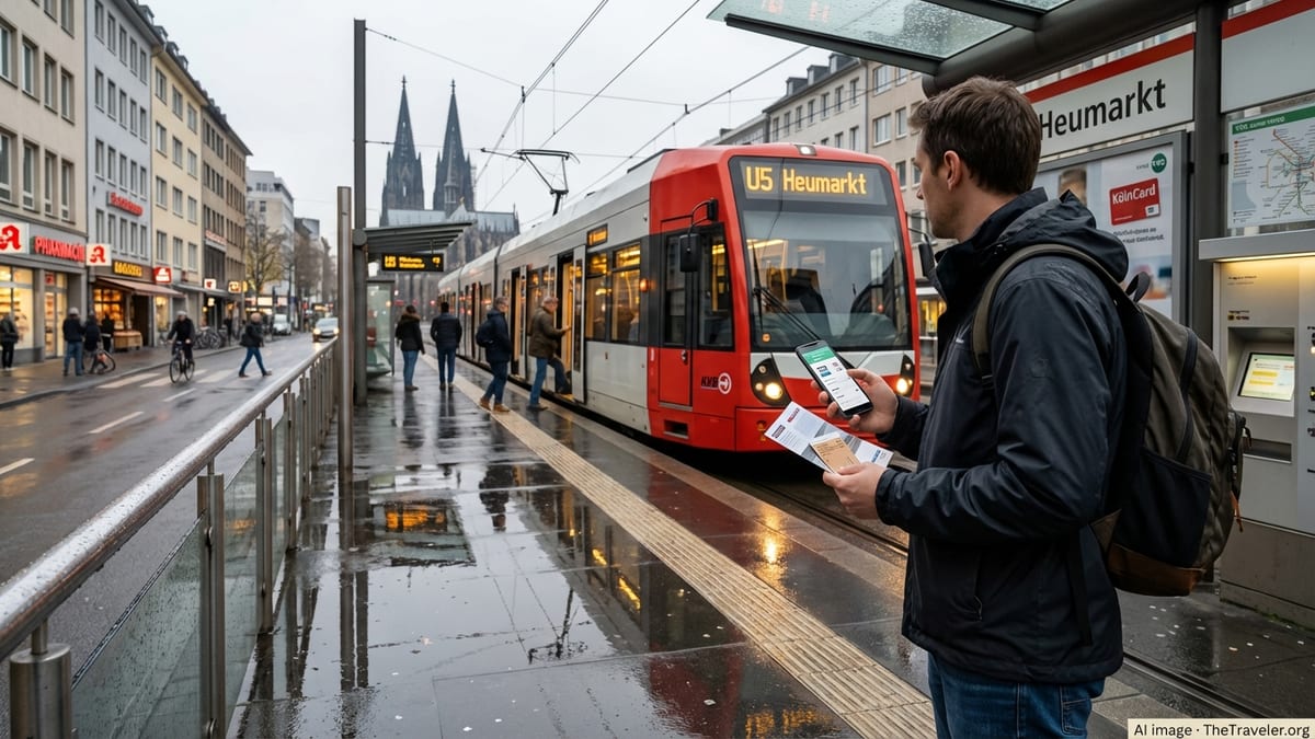 Traveler comparing transport tickets on smartphone at Cologne tram station.