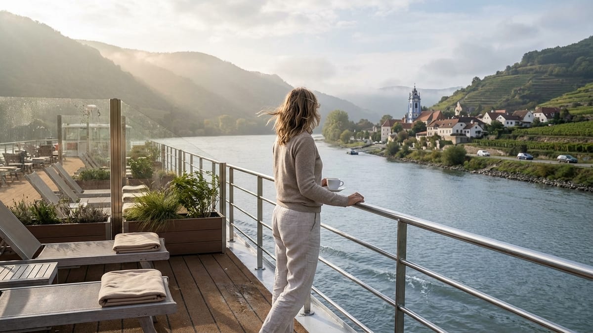 Traveler enjoying morning coffee on a Danube river cruise ship deck.